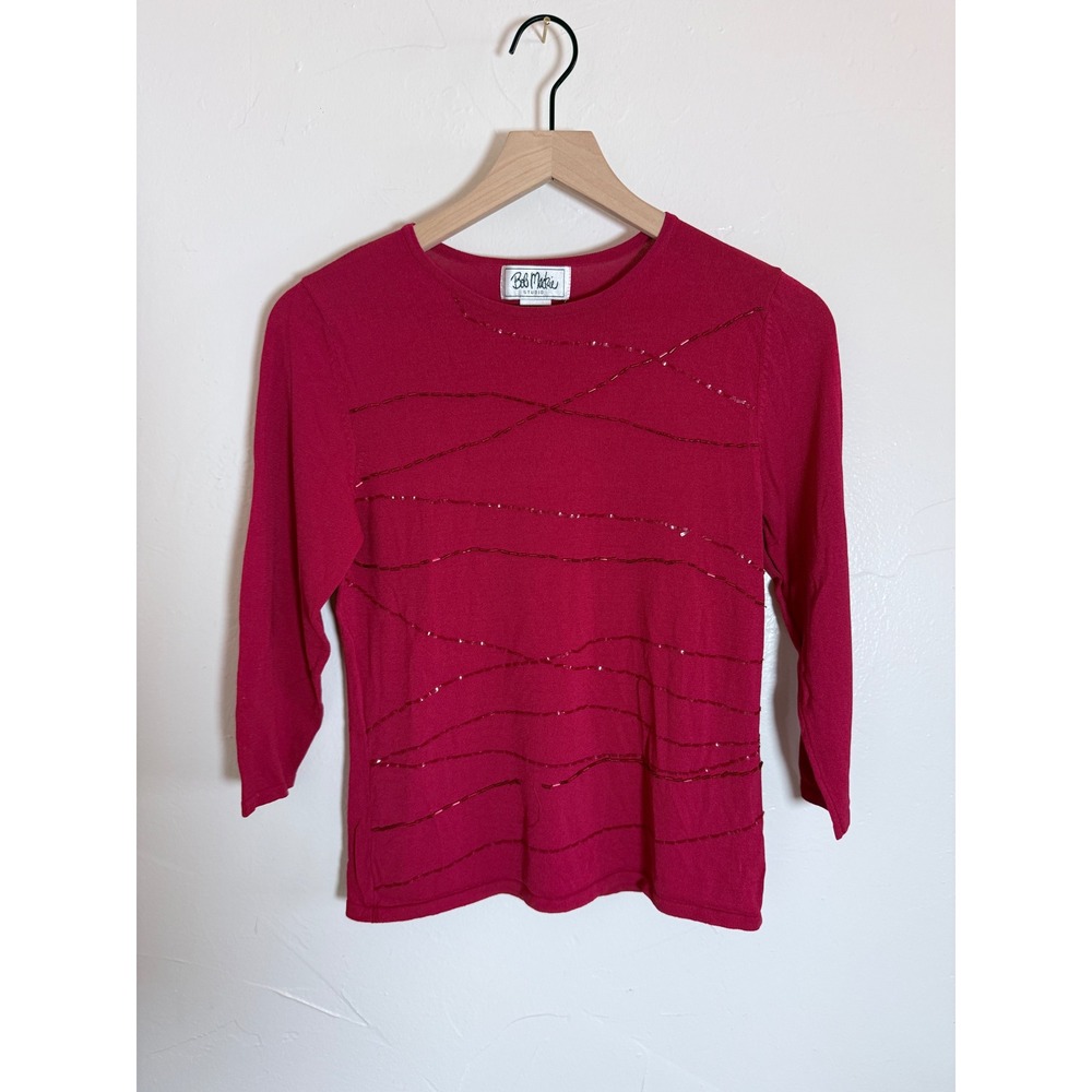 Bob Mackie Studio Red Beaded Knit Sweater 3/4 Sleeve Vintage Y2K S
